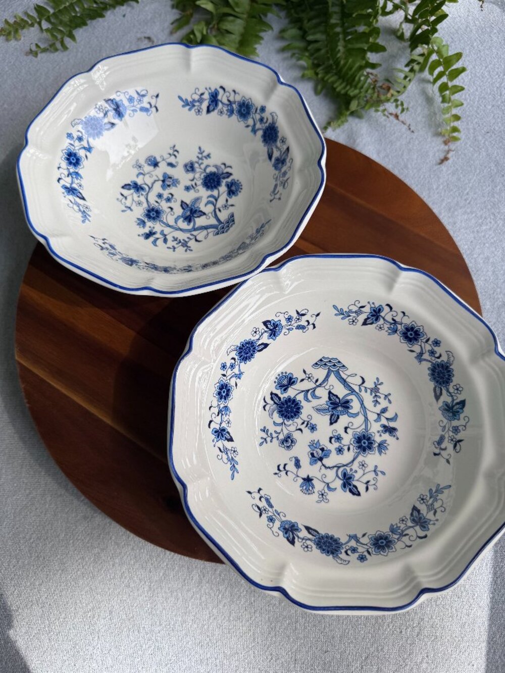 Set of 2 Vintage Hankook Seine Blue Onion Soup Bowls - Scalloped Edge Stoneware
